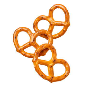 Delicious salty pretzels floating, isolated on transparent cutout background