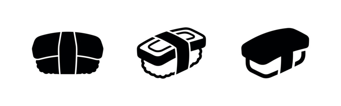 Sushi icon set. Black vector glyphs of nigiri and maki rolls, traditional Japanese cuisine.