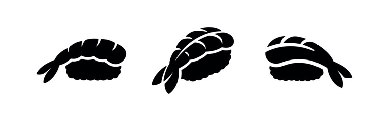 Fototapeta premium Shrimp Nigiri sushi icon set in black and white silhouette.