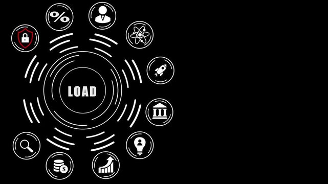 LOAD concept with global map and business icons in blue digital style LOAD data load, gears background.4k digital Animation,and 4k motion video