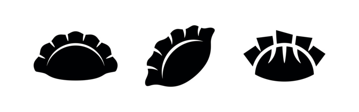 Asian dumplings (Gyoza or Potsticker) icon set in black and white silhouette.
