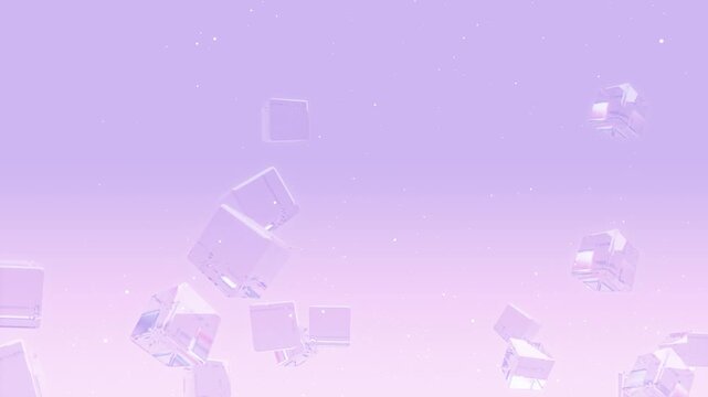 透明なガラスのキューブがゆっくり斜めに上昇する紫色のループ背景動画 / Transparent Glass Cube Slowly Ascending Diagonally on Pastel Purple Seamless Loop Background