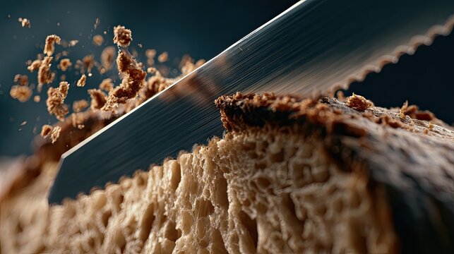 Serrated knife slicing through crusty bread, crumbs flying (1)