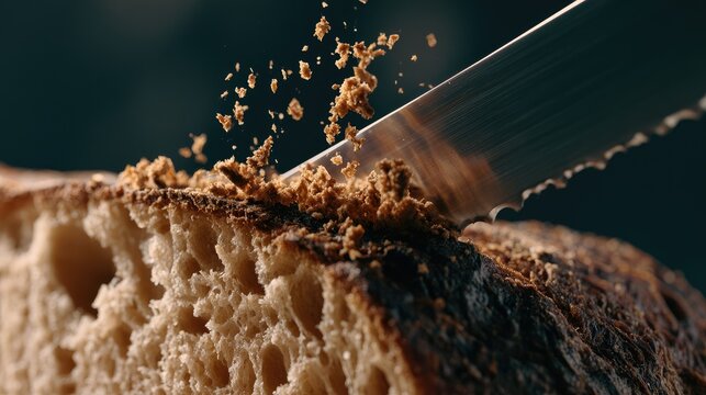 Knife slicing crusty bread, crumbs scattering in air