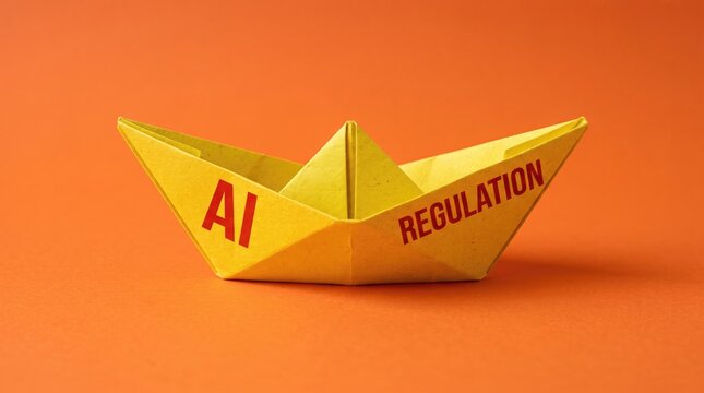 Yellow Origami Paper Boat with AI Regulation Text on Orange Background with Natural Light