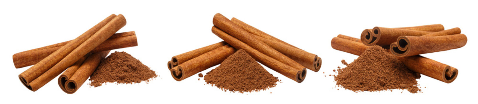 Aromatic cinnamon sticks and ground spice powder, isolated on transparent cutout background