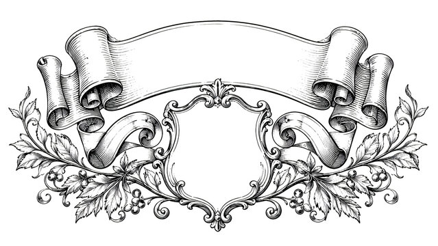 Vintage heraldic crest frame illustration. Hand-drawn engraving style shield ribbon banner isolated on transparent background.