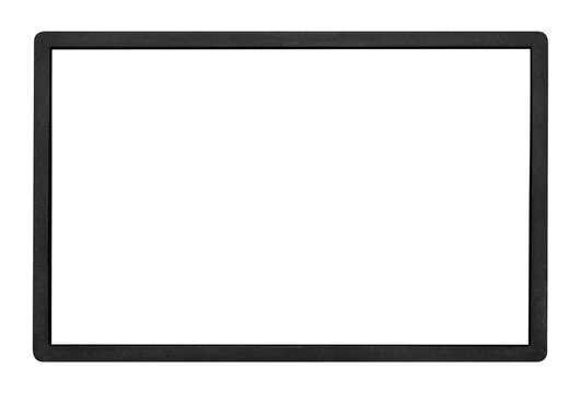Blank black tablet frame with white screen, isolated on transparent cutout background