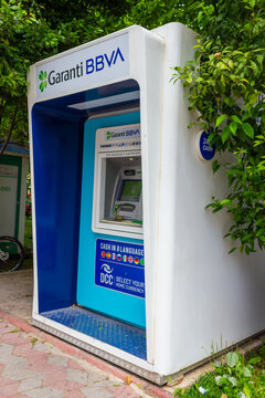Kemer, Antalya province, Turkey - May 10, 2025: ATM of the Garanti BBVA. The ATM provides a dynamic currency conversion feature, allowing you to choose your home account currency when withdrawing cash