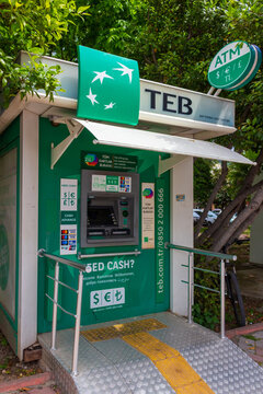 Kemer, Antalya province, Turkey - May 10, 2025: ATM of the TEB or Turkish Economy Bank on city street, Turkey. The ATM allows you to withdraw cash in dollars, euros and Turkish lira.