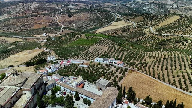 Aerial view of Olvera Castle and Church with olive groves, Andalusia, Spain