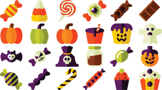 Assorted halloween candy and sweets set including lollipops, chocolate bars, candy corn, spooky ghost, pumpkin, bat, skull bag, and jar on a white background, for festive