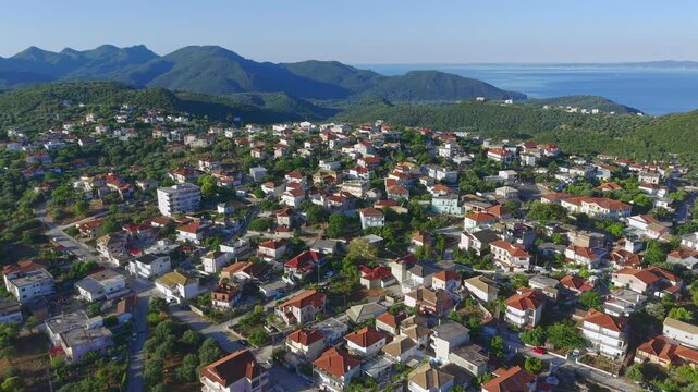 Aerial View of Perdika Town Greece Mediterranean Coastal Village