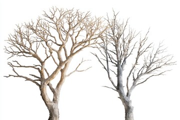 Fototapeta premium Two bare trees with unique branch structures isolated on white background
