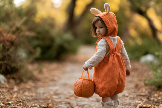 Little girl in orange bunny costume walks through autumn leaves. Her gaze is soft, curious, and slightly shy. She carries a small pumpkin basket. The path is lined with warm, golden trees