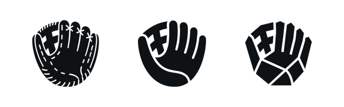 Set of baseball glove icons in various designs. Catcher's mitt vector illustration.