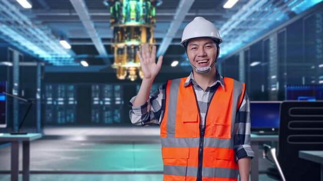 Asian Male Engineer With Safety Helmet Smiling To Camera And Waving Hand Saying Bye While Standing at Futuristic Quantum Computer Data Center Control Room