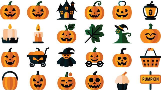 Collection of halloween flat featuring carved jack-o-lantern pumpkins, spooky haunted houses, burning candles, witch hats, and autumn leaves on a white background