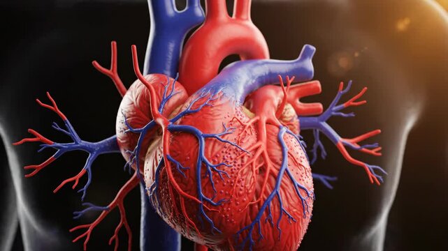 Detailed 3D Render of Human Heart Anatomy with Blood Vessels in Torso.