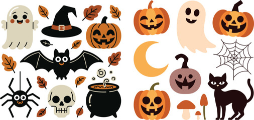 Fototapeta premium Halloween set featuring cute ghosts, witch hats, carved jack-o-lanterns, bats, spiders, skulls, bubbling cauldrons, autumn leaves, mushrooms, a crescent moon, and cobwebs on white