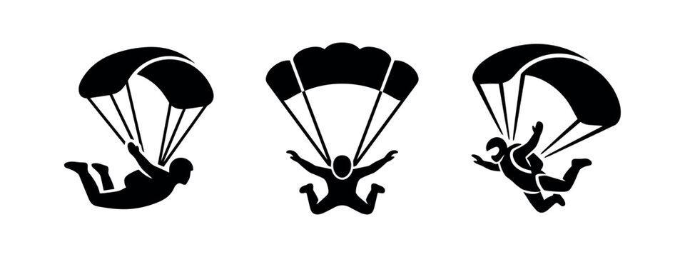 Skydiver and parachutist icon set. Extreme sport and parachuting adventure symbols.