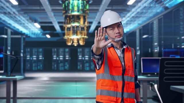 Asian Male Engineer With Safety Helmet Disapproving With No Hand Sign While Standing at Futuristic Quantum Computer Data Center Control Room