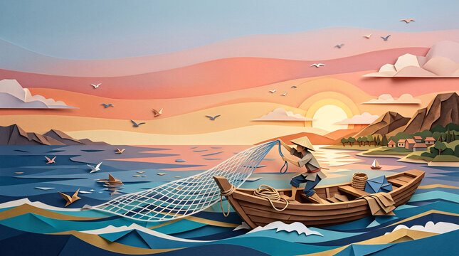 A lone fisherman casts his net into the vibrant ocean at sunset, his small boat bobbing on the waves under a breathtaking sky painted with hues of orange, pink, and gold.