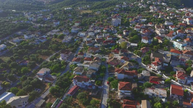 Aerial View of Perdika Town Greece Mediterranean Coastal Village