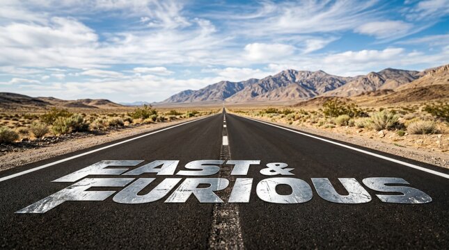Long desert highway road with Fast & Furious text and mountains in background under blue sky