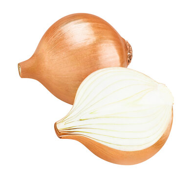 Whole and halved yellow onions, isolated on transparent cutout background