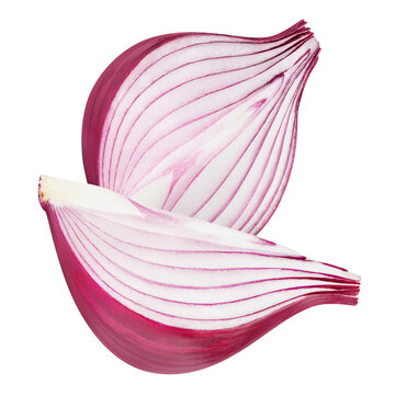 Two cut red onions, isolated on transparent cutout background