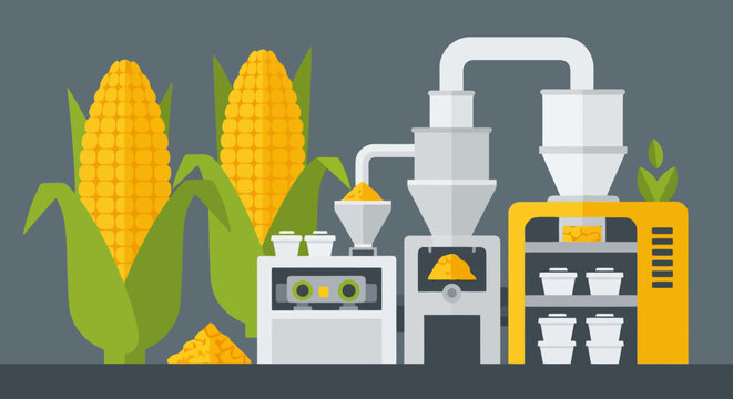 Illustration of a corn processing plant with machinery and raw corn cobs.