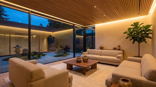 Modern Luxury Living Room at Twilight with Illuminated Zen Rock Garden