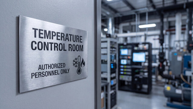 Temperature control room signage with authorized personnel only restriction in industrial facility for climate regulated equipment and process monitoring