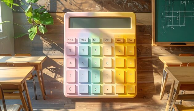 Large colorful calculator on desks.