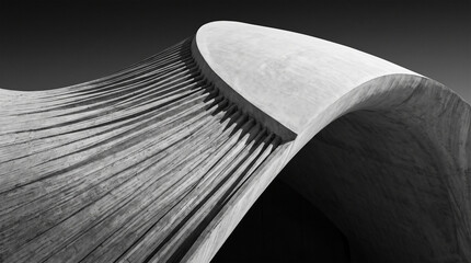 Abstract black and white architectural detail of modern concrete structure, monochrome minimalist cement curve background