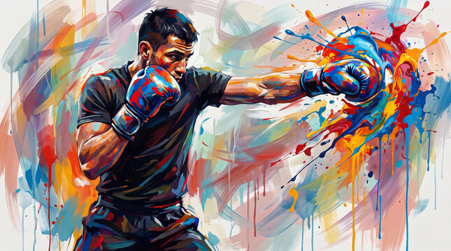 Male boxer punches with colorful explosive energy burst in dynamic abstract art style.