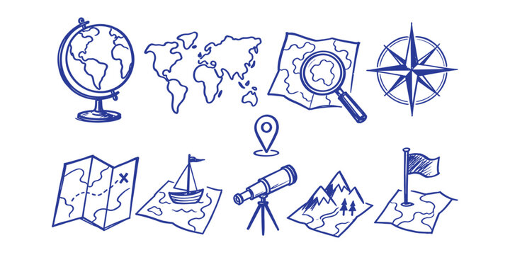 geography map collection and hand drawn world globe compass magnifier telescope mountain travel doodle icon set vector illustration