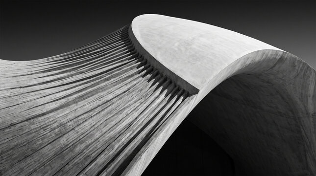 Abstract black and white architectural detail of modern concrete structure, monochrome minimalist cement curve background