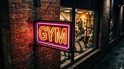 Naklejka premium Neon Gym Sign on Brick Building Exterior at Night with Exercise Equipment Visible Inside Through Large Window