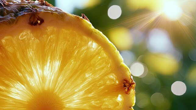 Translucent pineapple slice backlit by sunlight, revealing fibrous texture