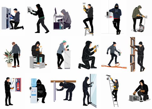 Set of diverse male characters acting as corporate spies and hackers, performing covert activities like bugging, hacking, and bypassing security in an office environment.