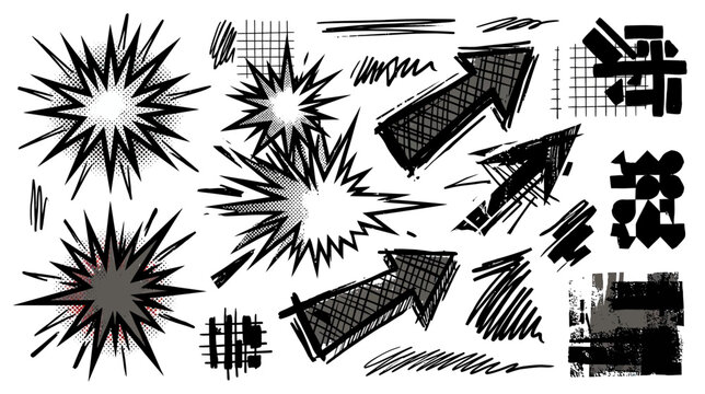 Comic Book Style Elements: Explosions, Arrows, Textures, and Shapes - Black and White
