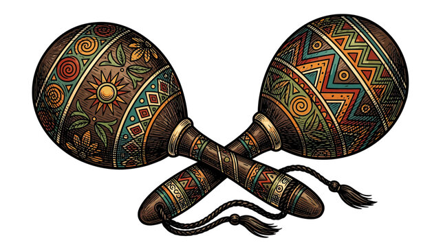 Decorative Maracas with Ethnic Patterns and Tassels, Isolated on White