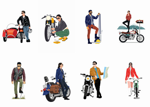 Set of flat vector illustrations featuring men and women in leather jackets with various motorcycles, sidecars, and scooters in different poses.