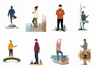 Collection of diverse people practicing mindfulness and connecting with nature in various serene outdoor settings and landscapes. © Elena