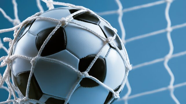 A classic ball scoring a goal, caught within the white netting of a net