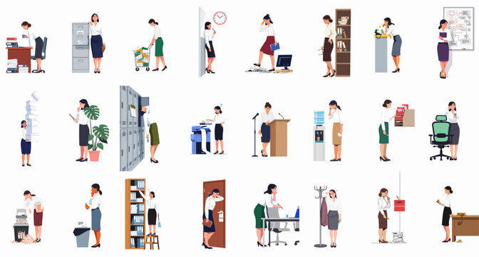 Set of flat vector illustrations depicting stressed and frustrated office workers facing various daily work challenges in a corporate environment.