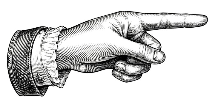 Vintage pointing hand illustration. Vintage engraving style index finger gesture isolated on transparent background sketch.