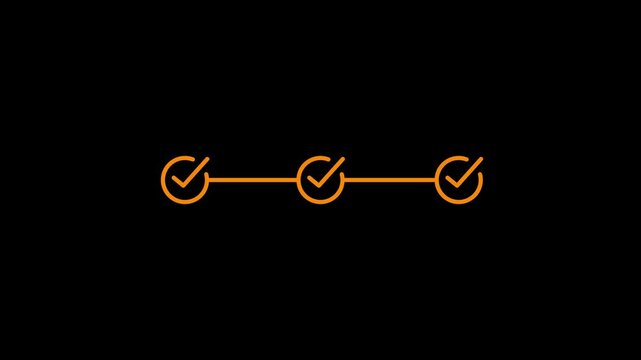 infographic step by three step process icon animation on black background. 3 step-by-step process success with check marks loop animation.4k quality animation video..